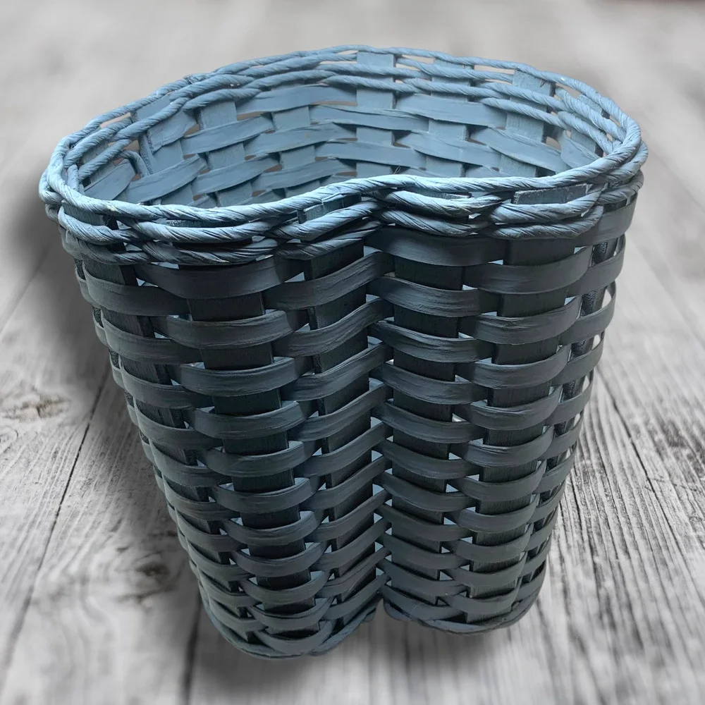 Vintage Heart Shaped Wicker Waste Basket Trash Bin Dusty Blue Cottage Farmhouse